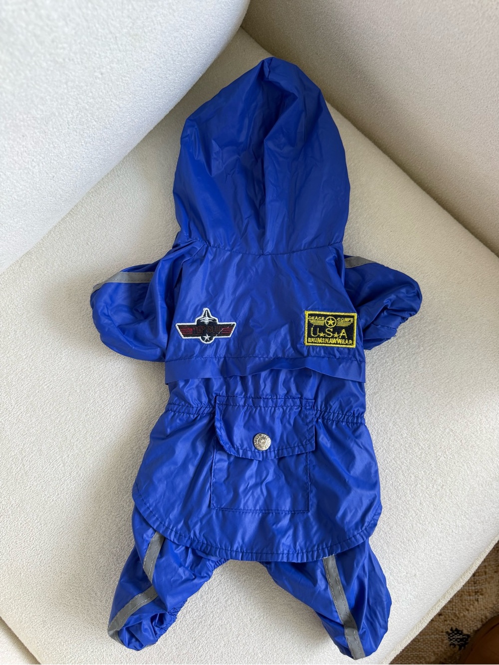 Blue Pet Raincoat with Hood and Reflective Trim